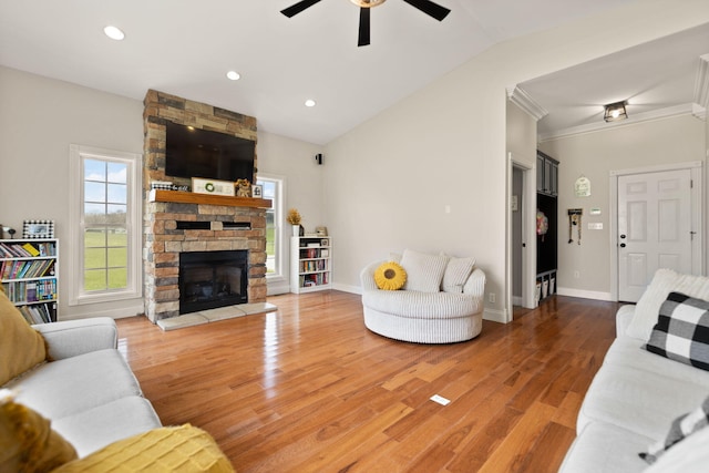 1841 Peter Cave Rd, Mckee, KY 40447 - living room featuring healthy amount of natural light, ceiling fan, light wood finished floors, vaulted ceiling, and recessed lighting