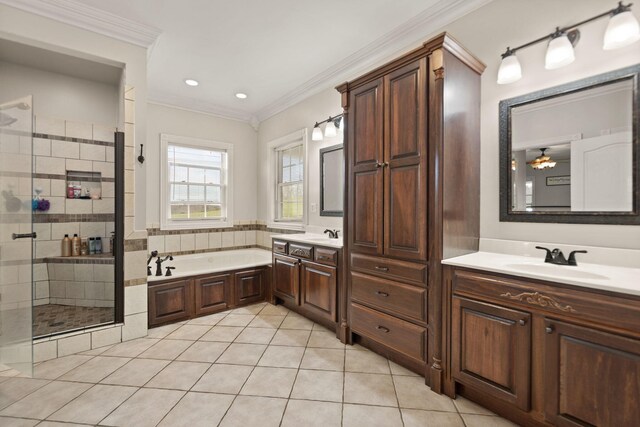 1841 Peter Cave Rd, Mckee, KY 40447 - full bathroom with a stall shower, a garden tub, tile patterned floors, vanity, and crown molding