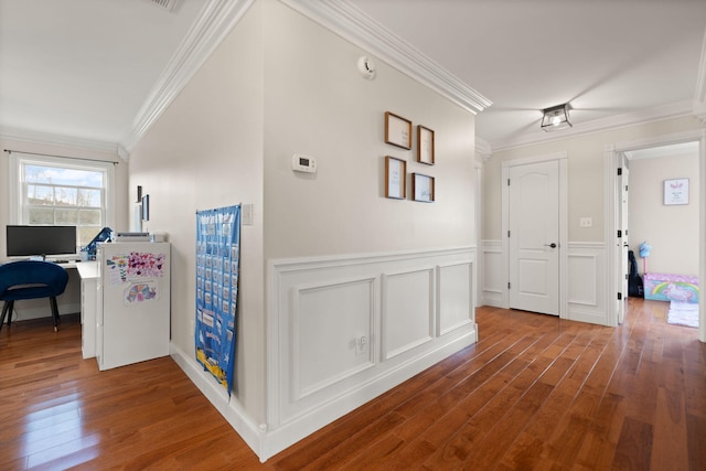 1841 Peter Cave Rd, Mckee, KY 40447 - hall featuring crown molding, wood finished floors, a wainscoted wall, an office area, and a decorative wall