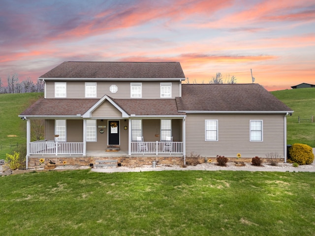 1841 Peter Cave Rd, Mckee, KY 40447 - view of property exterior with a porch, an attached garage, driveway, a lawn, and roof with shingles