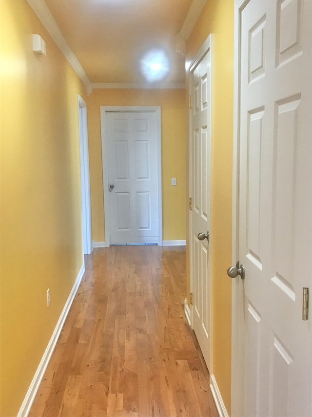 hall with baseboards, light wood finished floors, and ornamental molding