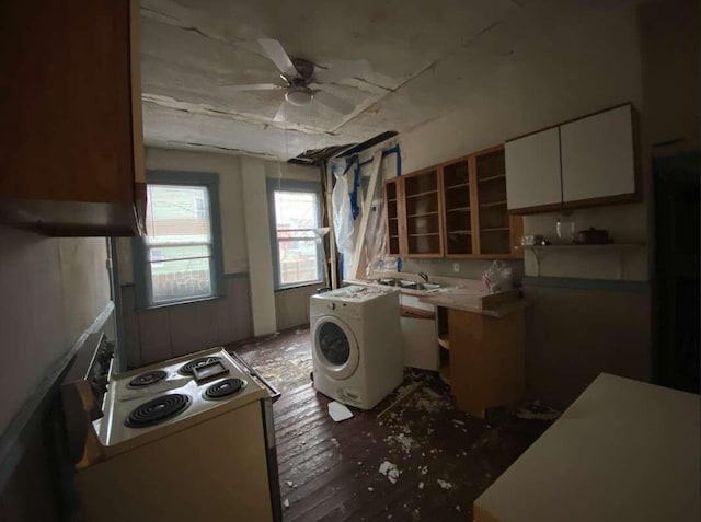 kitchen featuring washer / dryer, electric stove, white cabinets, a ceiling fan, and open shelves