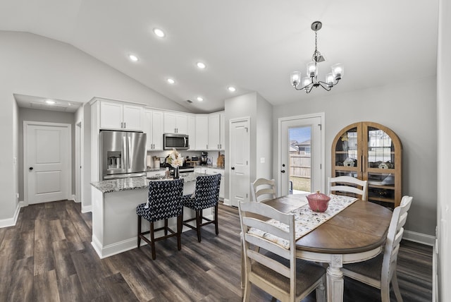 dining room with baseboards, vaulted ceiling, recessed lighting, dark wood-style floors, and a notable chandelier