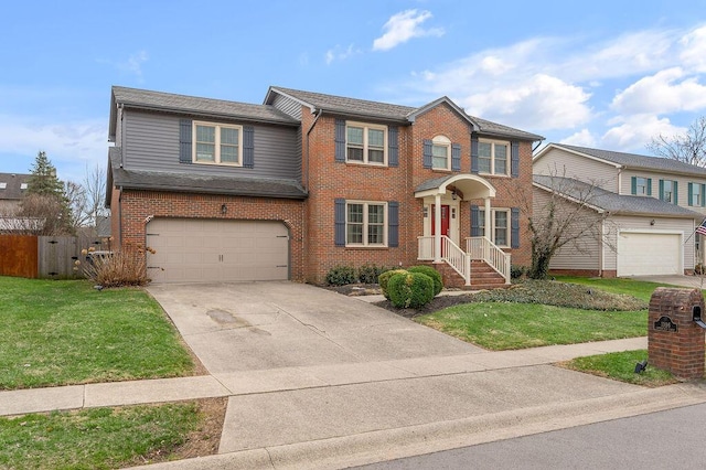 view of front of house featuring brick siding, fence, concrete driveway, a front yard, and a garage