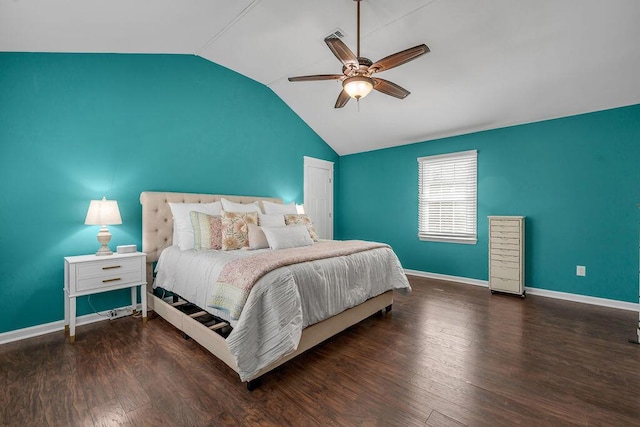 bedroom with baseboards, wood finished floors, a ceiling fan, and vaulted ceiling