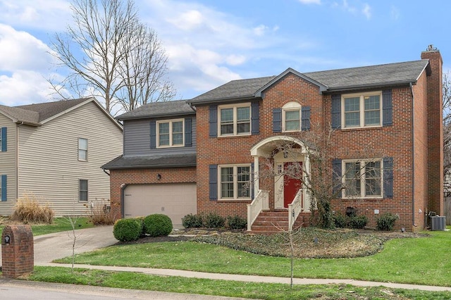 view of front facade with brick siding, central air condition unit, roof with shingles, a garage, and driveway