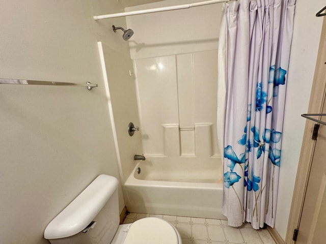 bathroom with toilet and shower / bath combination with curtain