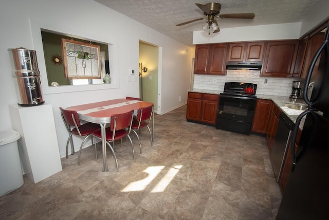 kitchen featuring ventilation hood, decorative backsplash, black electric range, a textured ceiling, and stainless steel dishwasher