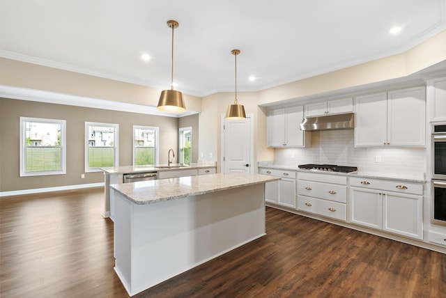 kitchen with tasteful backsplash, a sink, a center island, under cabinet range hood, and dark wood-style flooring