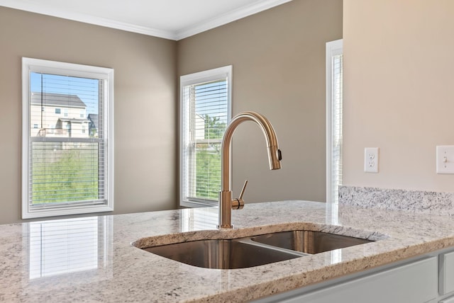 room details featuring light stone countertops, crown molding, and a sink