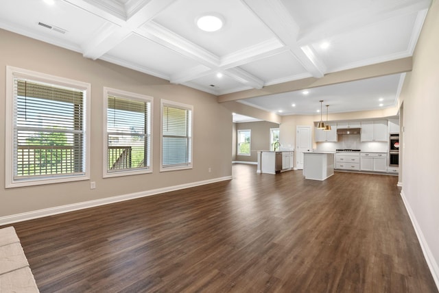 unfurnished living room with dark wood-style floors, baseboards, visible vents, and coffered ceiling