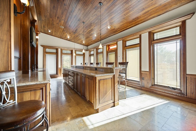 kitchen featuring wooden ceiling, plenty of natural light, stone tile flooring, and wainscoting