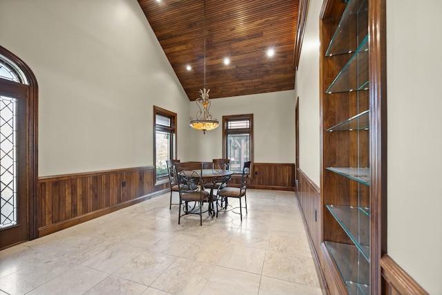 dining space with wood walls, recessed lighting, wainscoting, wooden ceiling, and high vaulted ceiling