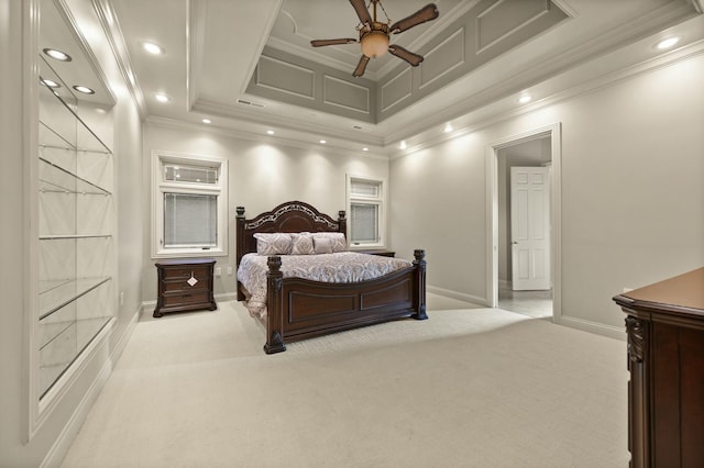 carpeted bedroom featuring recessed lighting, visible vents, baseboards, and crown molding