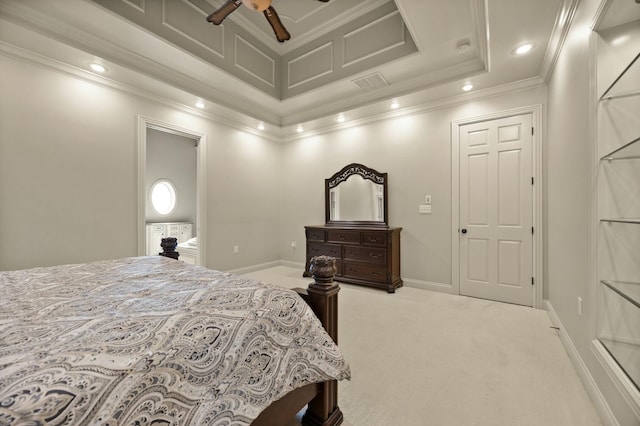 bedroom with light carpet, ornamental molding, a ceiling fan, recessed lighting, and baseboards