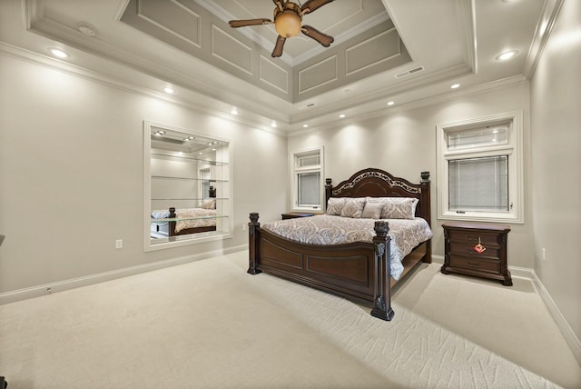 carpeted bedroom featuring visible vents, crown molding, baseboards, ceiling fan, and recessed lighting