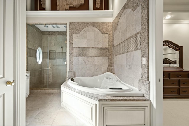 full bathroom with tile patterned flooring, a shower stall, tile walls, and a whirlpool tub