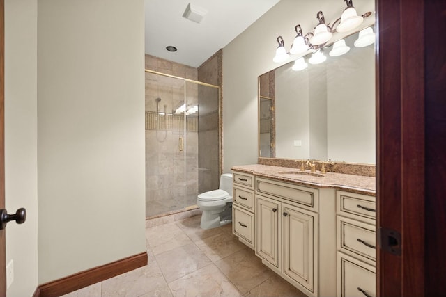 full bathroom featuring vanity, visible vents, baseboards, a shower stall, and toilet