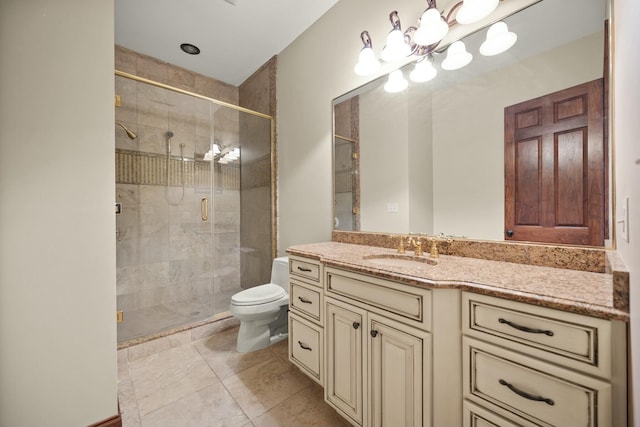 full bathroom with vanity, a shower stall, a notable chandelier, and toilet