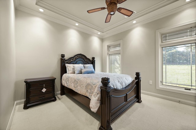 bedroom featuring recessed lighting, light colored carpet, baseboards, and ornamental molding