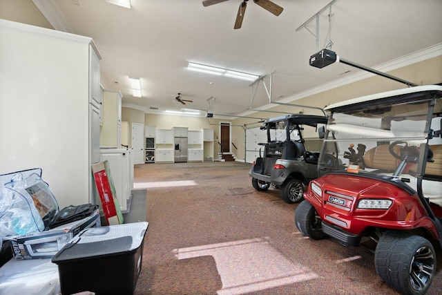 garage featuring stainless steel fridge, a garage door opener, and a ceiling fan