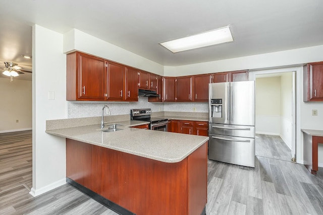 kitchen with a sink, under cabinet range hood, appliances with stainless steel finishes, a peninsula, and light countertops