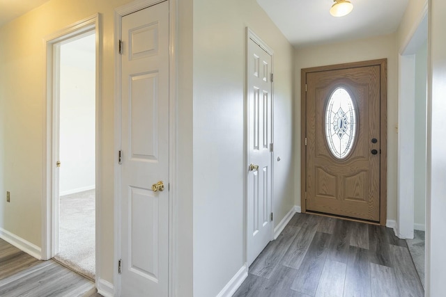 foyer entrance with baseboards and wood finished floors