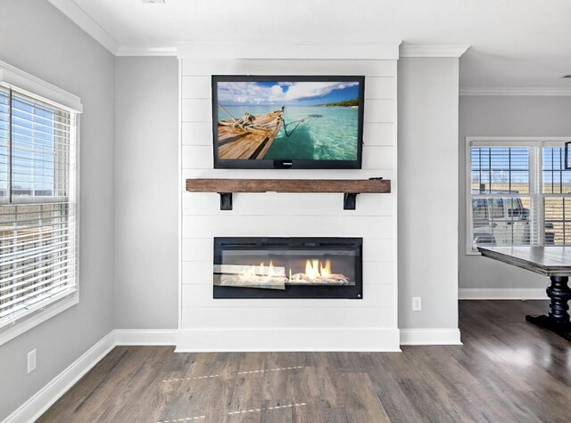 unfurnished living room with ornamental molding, wood finished floors, baseboards, and a large fireplace
