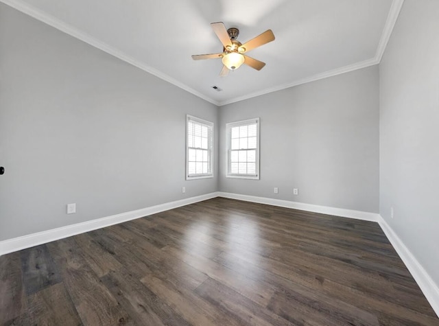 empty room with crown molding, baseboards, dark wood-style flooring, and ceiling fan