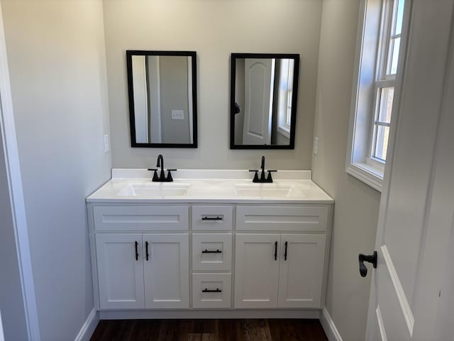 bathroom featuring double vanity, wood finished floors, baseboards, and a sink