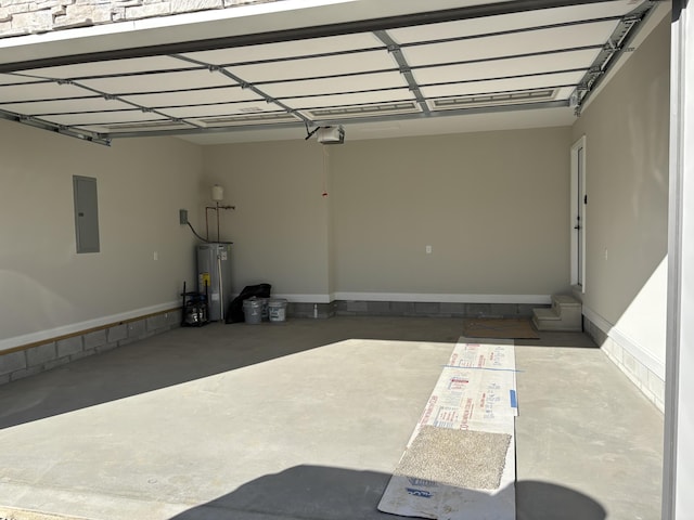 garage featuring electric panel, baseboards, a garage door opener, and water heater