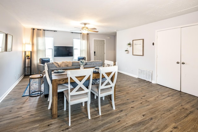 dining space with visible vents, ceiling fan, dark wood-type flooring, and baseboards