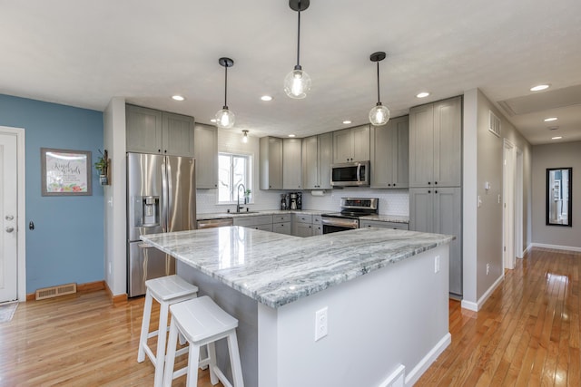 kitchen featuring visible vents, gray cabinets, a sink, decorative backsplash, and appliances with stainless steel finishes