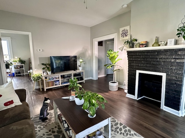 living area featuring baseboards, wood finished floors, and a fireplace