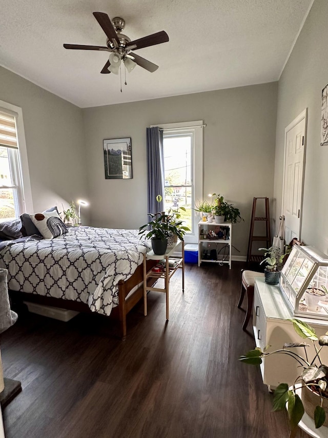 bedroom with dark wood finished floors, multiple windows, a ceiling fan, and a textured ceiling