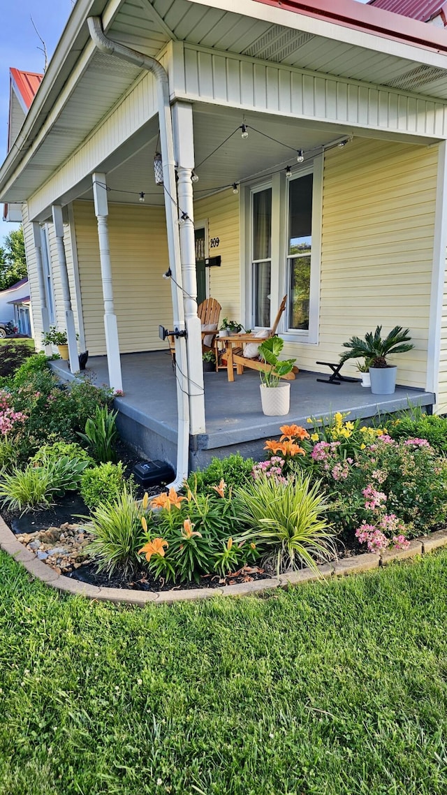 view of exterior entry featuring a porch and board and batten siding