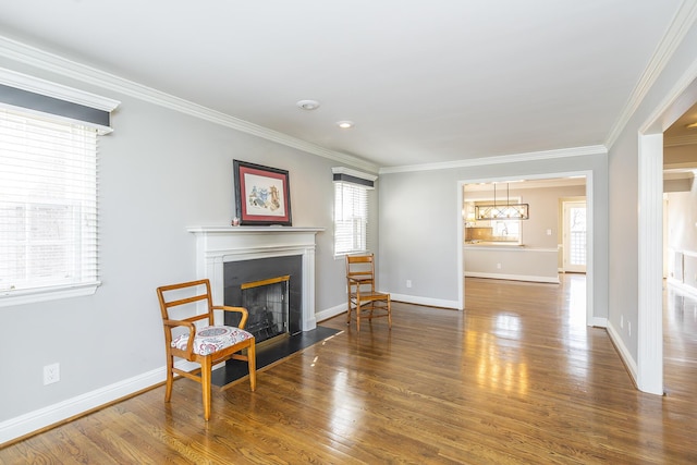 living area featuring a wealth of natural light, a fireplace with flush hearth, crown molding, and wood finished floors