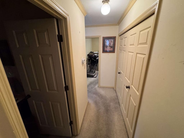 corridor with carpet flooring, crown molding, and baseboards