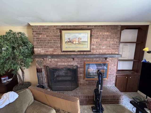 living area featuring a fireplace