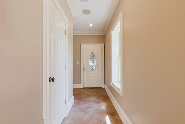 doorway to outside with light tile patterned floors, baseboards, recessed lighting, and crown molding