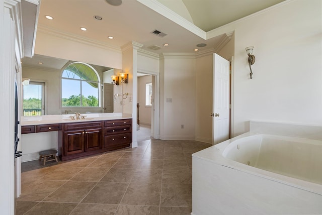 full bathroom with visible vents, crown molding, recessed lighting, a bath, and vanity