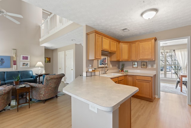 kitchen featuring a peninsula, light wood-style flooring, a sink, light countertops, and open floor plan