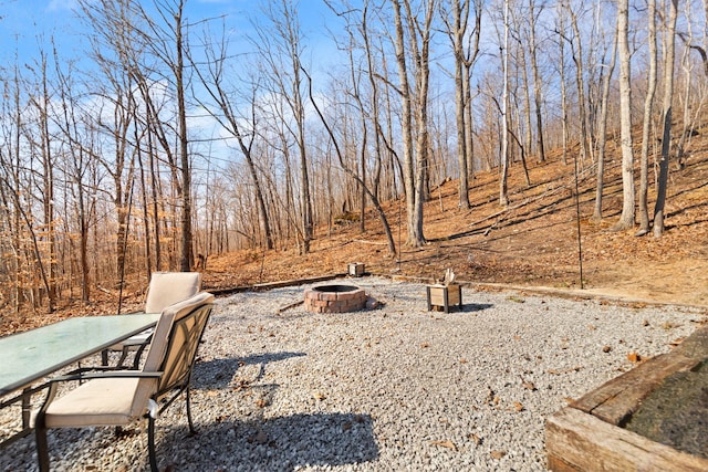 view of yard with a fire pit