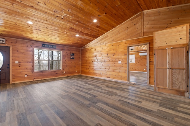 unfurnished living room featuring wooden ceiling, wood finished floors, and lofted ceiling