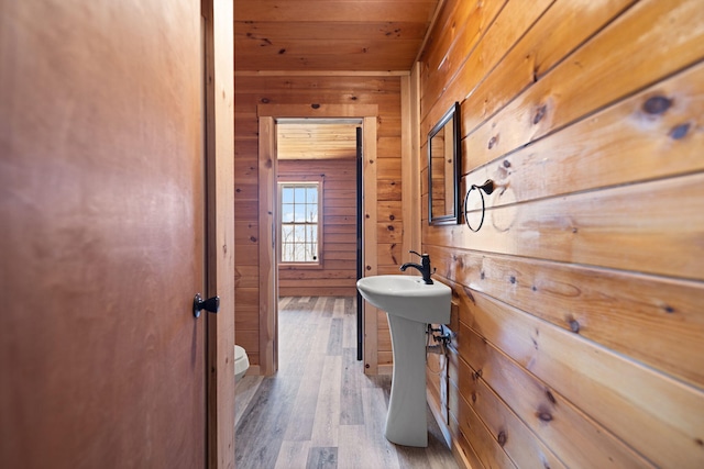 bathroom featuring wood finished floors, toilet, wood ceiling, and wood walls