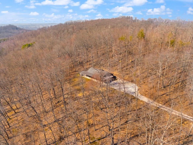 aerial view featuring a wooded view