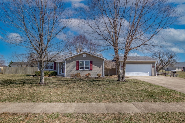 ranch-style home featuring concrete driveway, fence, a garage, and a front lawn