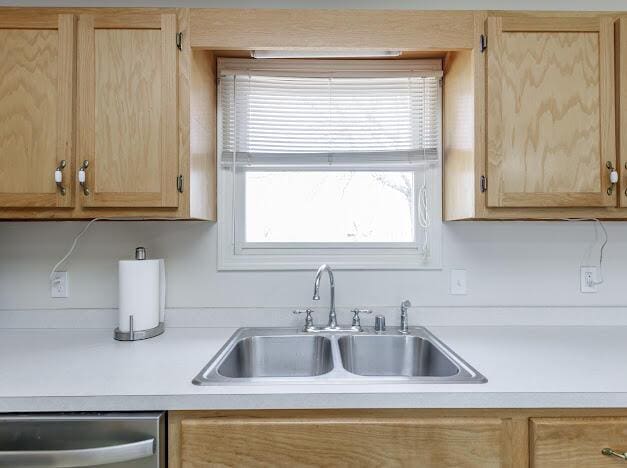 kitchen featuring a sink, stainless steel dishwasher, light brown cabinets, and light countertops