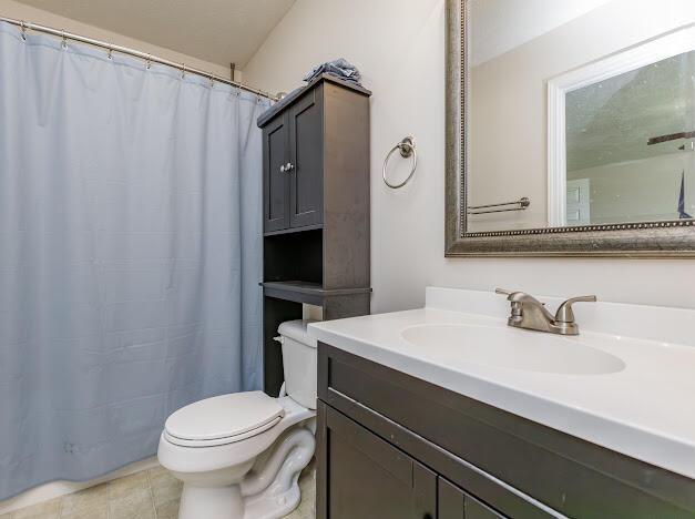 full bathroom featuring vanity, toilet, a shower with curtain, and tile patterned flooring