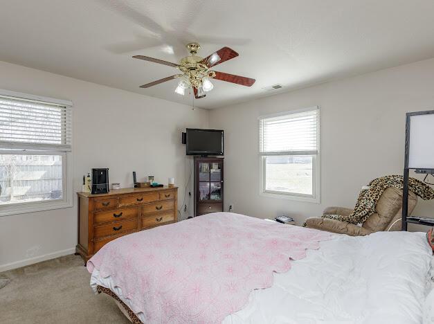 bedroom featuring visible vents, multiple windows, light colored carpet, and baseboards